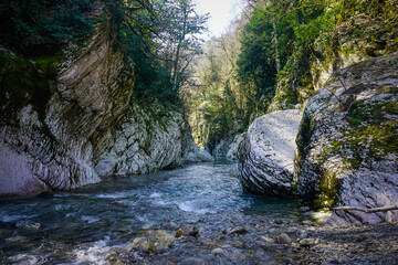 Naklejka na ściany i meble Beautiful mountain river in the gorge