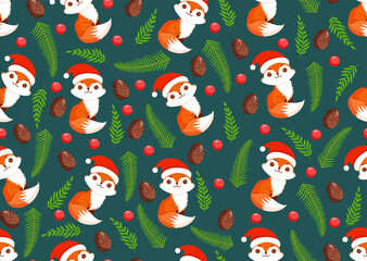 Christmas texture with festive foxes, years, fir branches and cones. Vector illustration of Merry Christmas and Happy New Year. Seamless pattern. Winter holiday.
