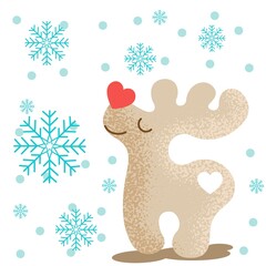 cute deer with blue snowflakes on white background