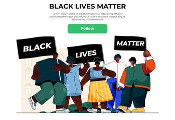 Black lives matter web banner concept. African men and women hold rally placards and protesting together, human rights fight landing page template. Vector illustration with people scene in flat design