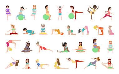Collection of pregnant woman doing yoga and aerobics. Vector illustration on the theme of health.