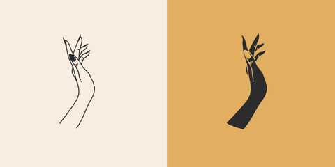 Hand drawn vector abstract stock flat graphic illustration with minimal logo element collection set,occult mystery witch hands touch line drawing and silhouette,magic art in simple style for branding.