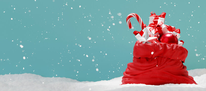 Santa bag on snow floor with decorations, gift boxes, metallic star, candy and ball on blue background. 3d rendering 