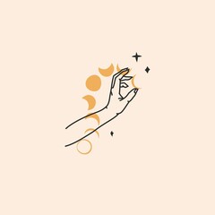 Hand drawn vector abstract stock flat graphic illustration with logo element,minimalistic bohemian magic line art of golden moon phases in line human hand and star in simple style for branding.
