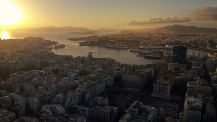 Aerial drone photo of iconic port of Piraeus at sunset with beautiful colours, Attica, Greece