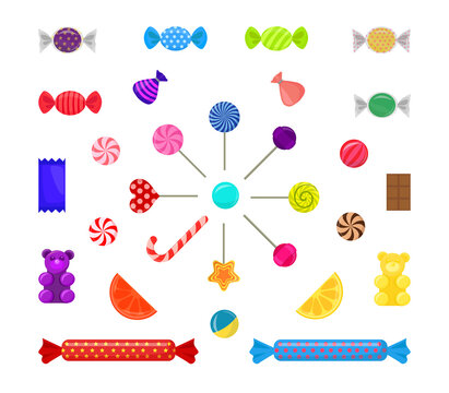 A set of sweets and lollipops in flat style.