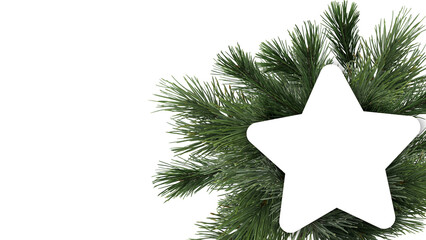 fresh star shaped blank christmas card with fir branches right hand isolated on white