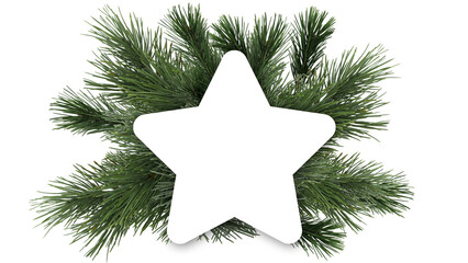 clean star shaped blank christmas card with fir branches centered isolated on white