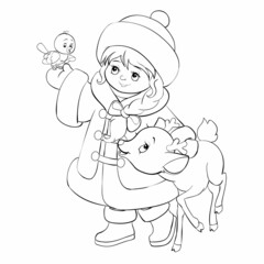 sketch, new year and christmas, a snow maiden stands with a fawn and a bird flew up to them and sat on the snow maiden's hand, coloring book, cartoon illustration, isolated object 