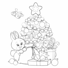sketch, new year and christmas, cute hare with a big bow is sorting gifts that were put under the tree, coloring book, cartoon illustration, isolated object on a white background, vector,