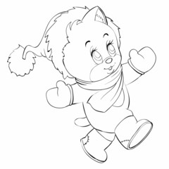 sketch, new year and christmas, cute kitten in a santaclaus hat dancing merrily, coloring book, cartoon illustration, isolated object on a white background, vector,