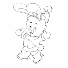 sketch, new year and christmas, cute hare in santa claus hat dancing cheerfully, coloring book, cartoon illustration, isolated object on a white background, vector,