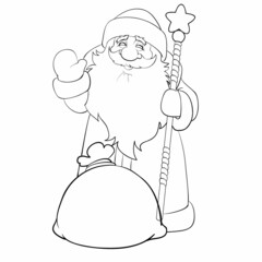 sketch, new year and christmas, cute santa claus standing with a bag of gifts, coloring book, cartoon illustration, isolated object on white background, vector,
