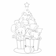 sketch, new year and christmas, there are gifts under the Christmas tree, and a kitten and a hare look out of them, coloring book, cartoon illustration, isolated object on a white background, vector,