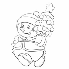 sketch, new year and christmas, merry snowman carries a small elegant Christmas tree, coloring book, cartoon illustration, isolated object on a white background, vector,
