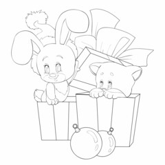 sketch, new year and christmas, a hare in a santa claus hat peeps out of boxes with gifts and a kitten peeps out of another box, coloring book, cartoon illustration, isolated object 