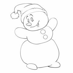 sketch, new year and christmas, cute snowman in santa claus hat dancing merrily, coloring book, cartoon illustration, isolated object on a white background, vector,