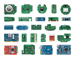 Collection of detailed realistic microcircuits and boards. Computer equipment.