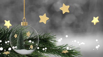 christmas tree with golden stars and snow in glass bauble hanging from twig some golden stars around dark snowy bokeh background
