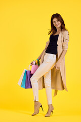 pretty woman with multicolored bags posing isolated background