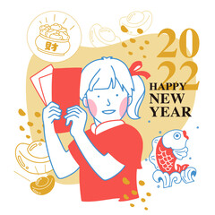 Happy new year, little girl holding red envelope in hand, character illustration, pattern with other gold treasures, vector illustration