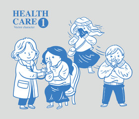 Doctor sees a patient with a sneezing patient, vector character illustration