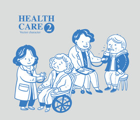 Doctors see a doctor for sneezing young people and elderly people in wheelchairs, character vector illustration set
