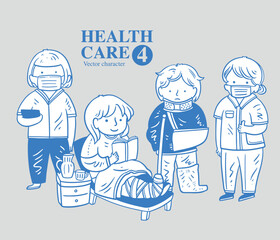 Set of medical care workers with injured patients, vector people illustration