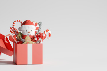 Christmas giftbox with snow man and decorations on white bright background. Creative Christmas concept. 3d rendering