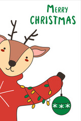 Merry Christmas greeting card template with Funny reindeer in red scarf holding a garland, cartoon vector illustration. Christmas poster, banner, postcard, greeting card design with a deer EPS