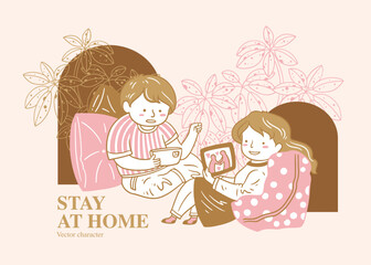 A vector illustration of two people staying at home and enjoying their leisure time, using 3C products and matching plants with lines on the background