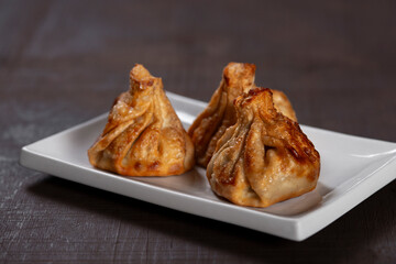 Georgian fried Khinkali dumplings with meat in white plate on wooden table. Traditional dish of Caucasian cuisine.