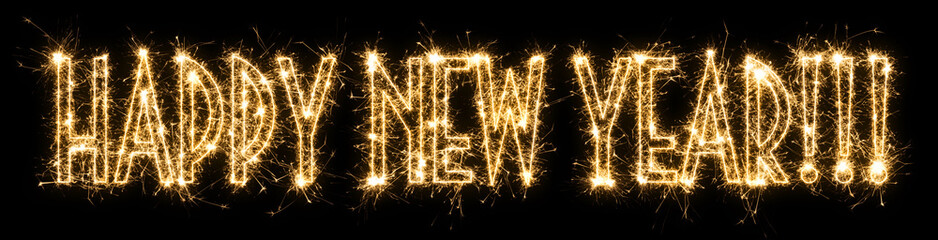 Text Happy New Year written sparkling sparklers . Lettering isolated on black background. Beautiful glowing overlay template for holiday greeting card , banner , decoration site .
