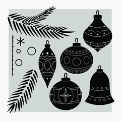 Set of illustrations of Christmas tree decorations. Suitable for patterns, cards, and wrapping paper.