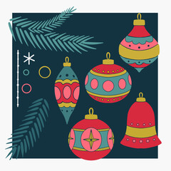 Set of illustrations of Christmas tree decorations. Suitable for patterns, cards, and wrapping paper.