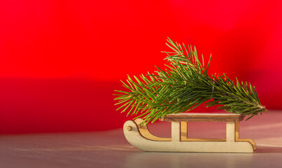 A sleigh that carry the Christmas tree. Preparation for the holiday. Christmas and New Year