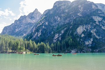 Lake Braies (also known as Pragser Wildsee or Lago di Braies) in Dolomites Mountains, Sudtirol,...