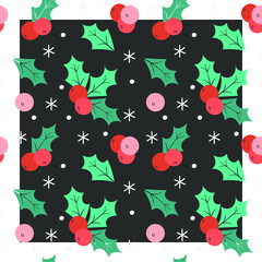 Christmas pattern with holly. Colored. You can change the pattern color and background color.
