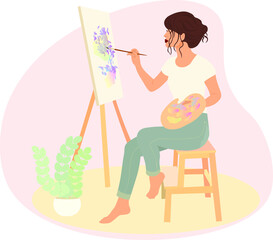A nice girl draws a picture on an easel. Concentration of creativity and hobbies. Illustration in pastel colors