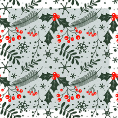 Christmas pattern with holly. Colored. You can change the pattern color and background color.