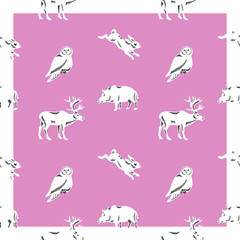 Pattern with forest animals alternative. Owl, hare, deer and boar. You can change the pattern color and background color.