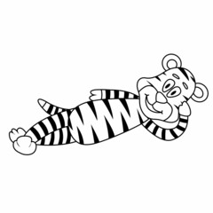 Cute lying tiger. Coloring page for kids. Doodle vector illustration.