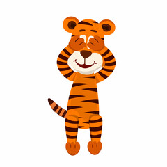 Cute tiger. Tiger cub closes eyes, hiding. Chinese tiger for new year. Cartoon character. Vector isolated colorful illustration.