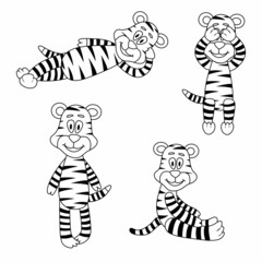 Set of doodle tiger. Hand drawn tigers in different poses. Coloring pages for children.