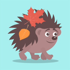 Little cheerful hedgehog with autumn leaves on the back. A smile on my face. Vector isolated cartoon illustration