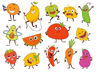 Set of cartoon vegetables and fruits. Characters go in for sports and jump and have fun. Funny colorful characters. Vector illustration. Isolated on white background. Set