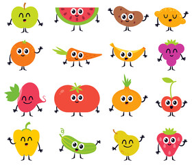 Set of cartoon vegetables and fruits. Funny colorful characters. Vector illustration. Flat style. Isolated on white background. Set