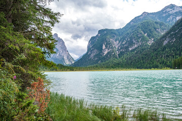 Naklejka na ściany i meble Panorama of Lake dobbiaco, Dolomites mountain