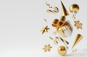Gold Christmas decorations on white bright background. 3d rendering