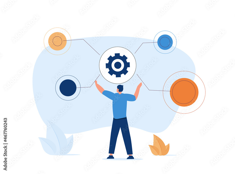 Aufkleber man pushing gearwheel button and looking at dropdown menu. concept of range of options, choosing dif